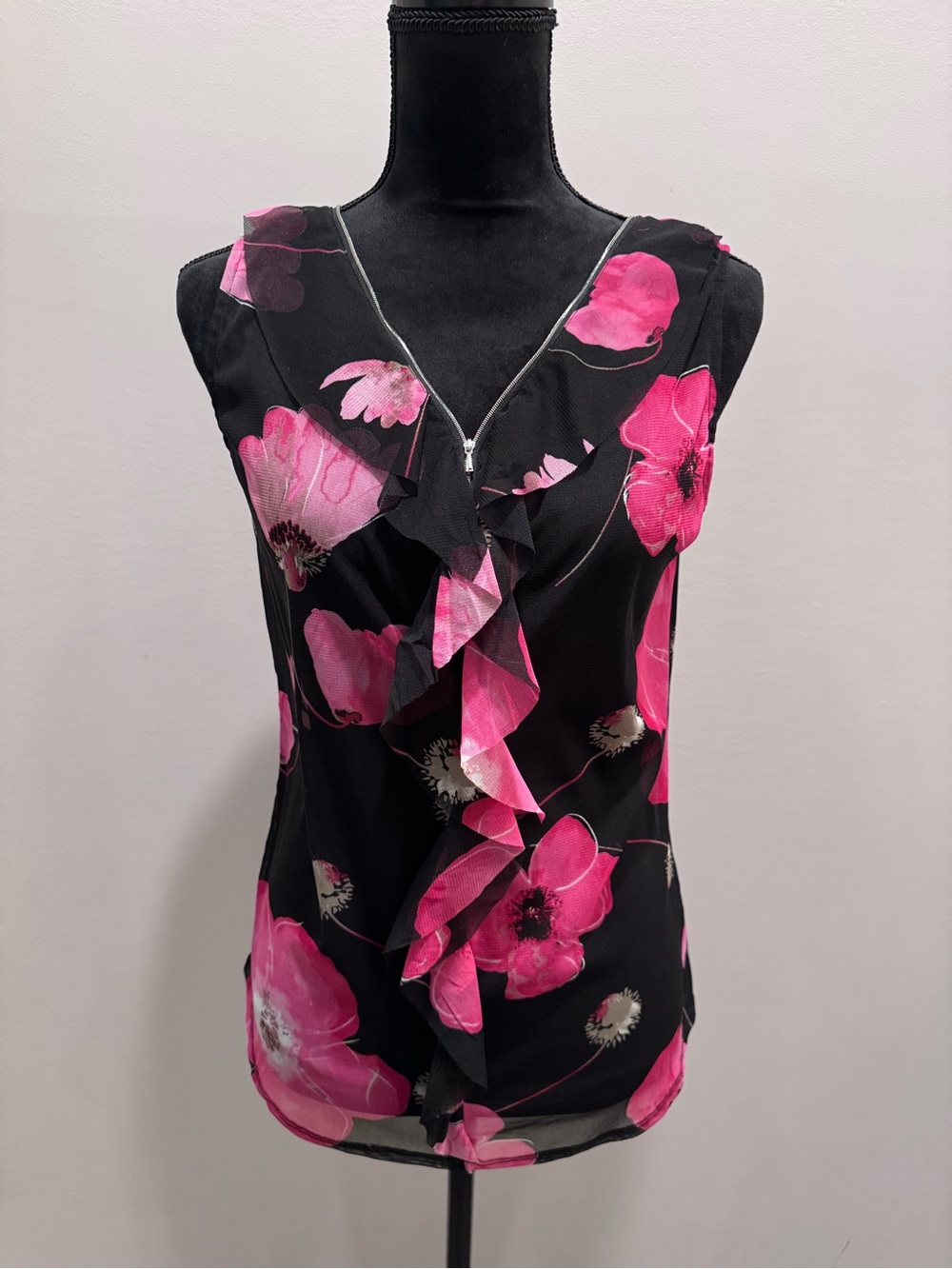 INC Black & Hot Pink Floral Ruffle Sleeveless Top